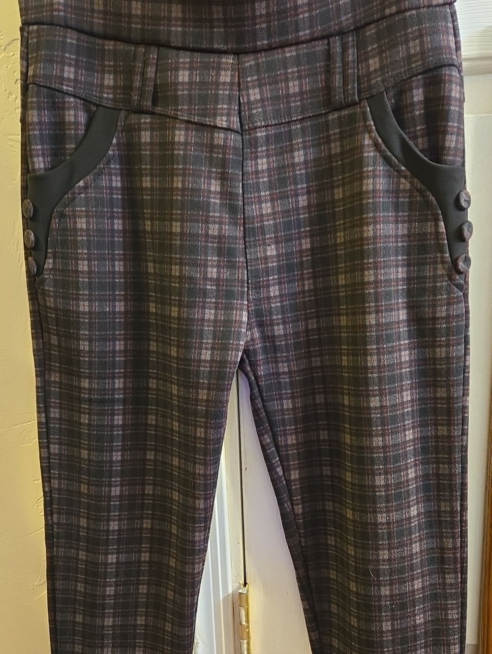 Plaid Skinny Pants in Brown and Gray with Button-Trim Pockets